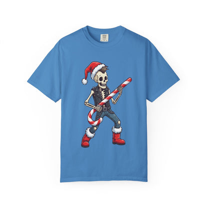 Punk Rock Santa Skeleton: Holiday Rebel Art, Edgy Christmas Character Design T-shirt – Custom T-Shirt by PixelCraft360, unique decoration for events and special gifts