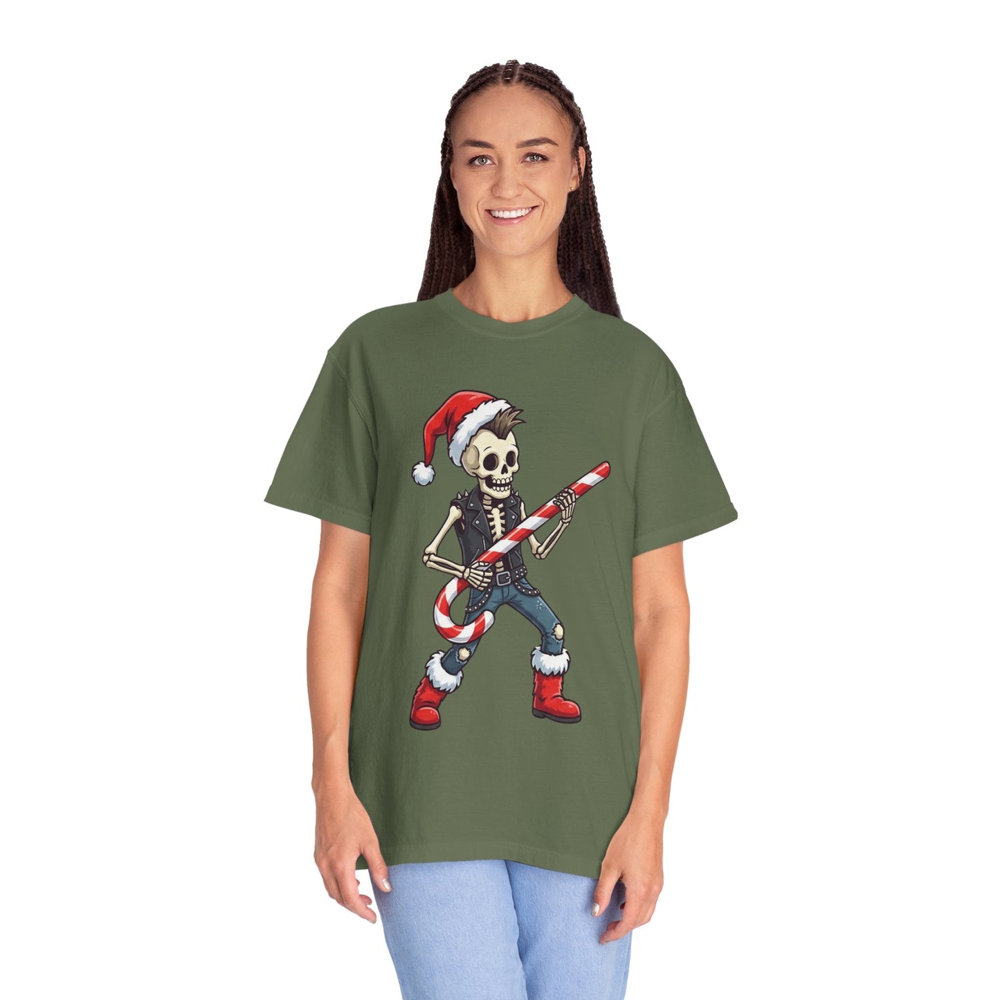 Punk Rock Santa Skeleton: Holiday Rebel Art, Edgy Christmas Character Design T-shirt – Custom T-Shirt by PixelCraft360, unique decoration for events and special gifts