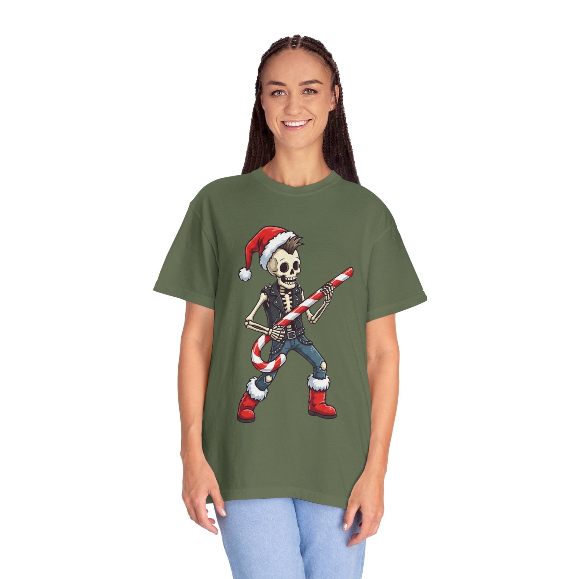 Punk Rock Santa Skeleton: Holiday Rebel Art, Edgy Christmas Character Design T-shirt – Custom T-Shirt by PixelCraft360, unique decoration for events and special gifts
