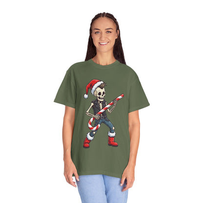 Punk Rock Santa Skeleton: Holiday Rebel Art, Edgy Christmas Character Design T-shirt – Custom T-Shirt by PixelCraft360, unique decoration for events and special gifts