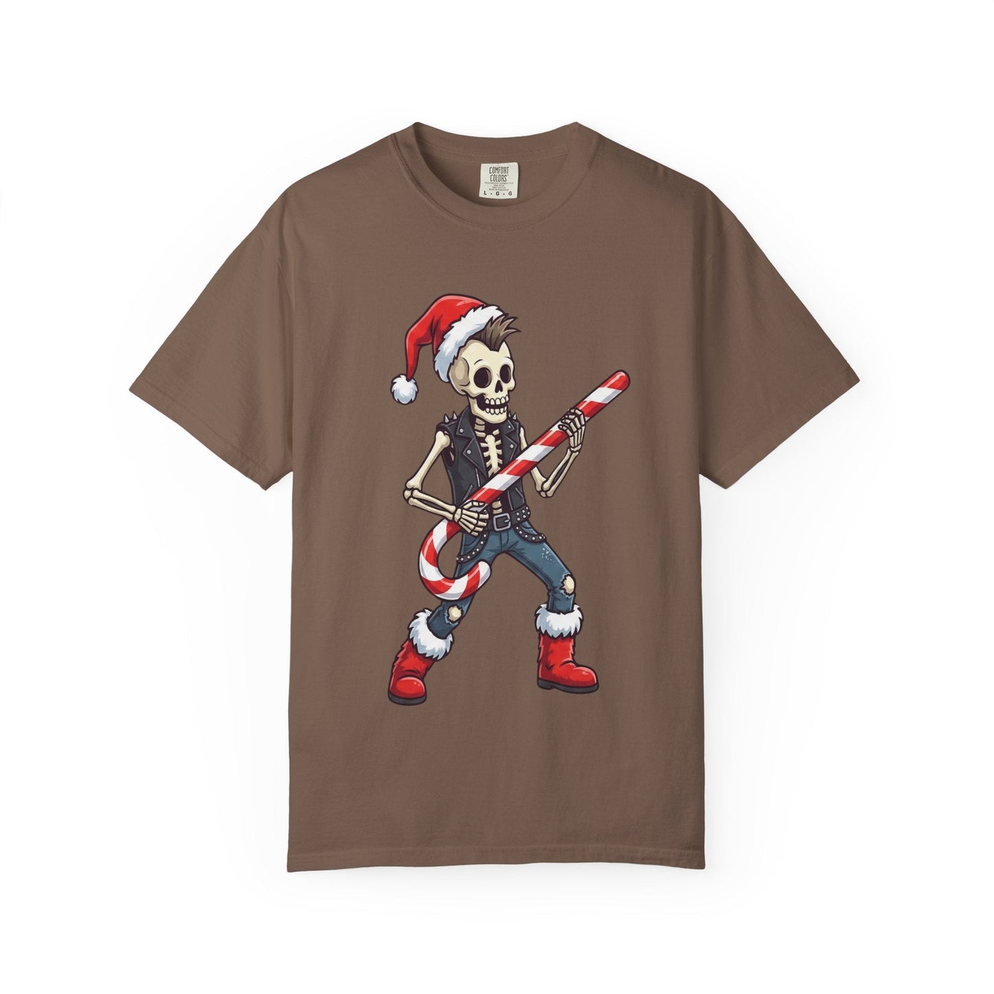 Punk Rock Santa Skeleton: Holiday Rebel Art, Edgy Christmas Character Design T-shirt – Custom T-Shirt by PixelCraft360, unique decoration for events and special gifts
