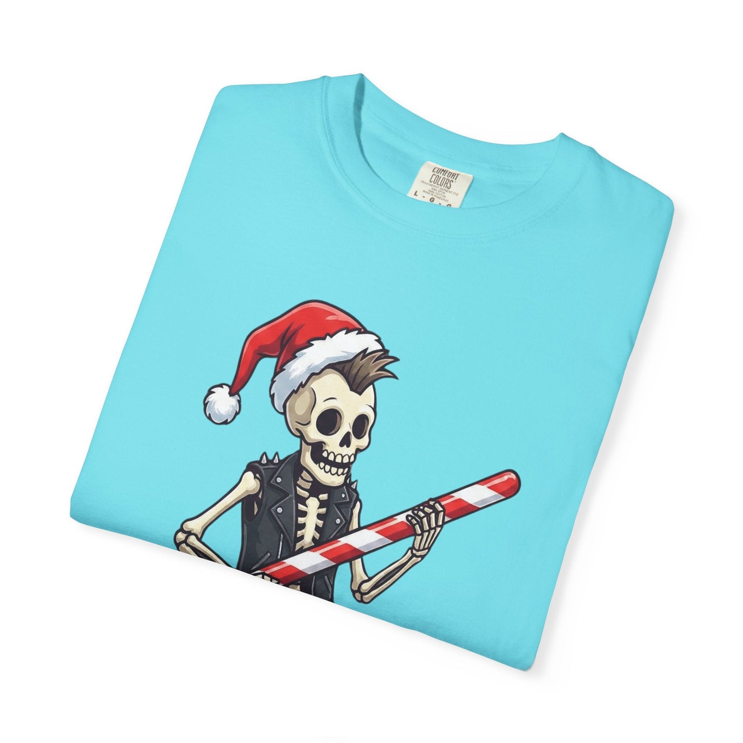 Punk Rock Santa Skeleton: Holiday Rebel Art, Edgy Christmas Character Design T-shirt – Custom T-Shirt by PixelCraft360, unique decoration for events and special gifts
