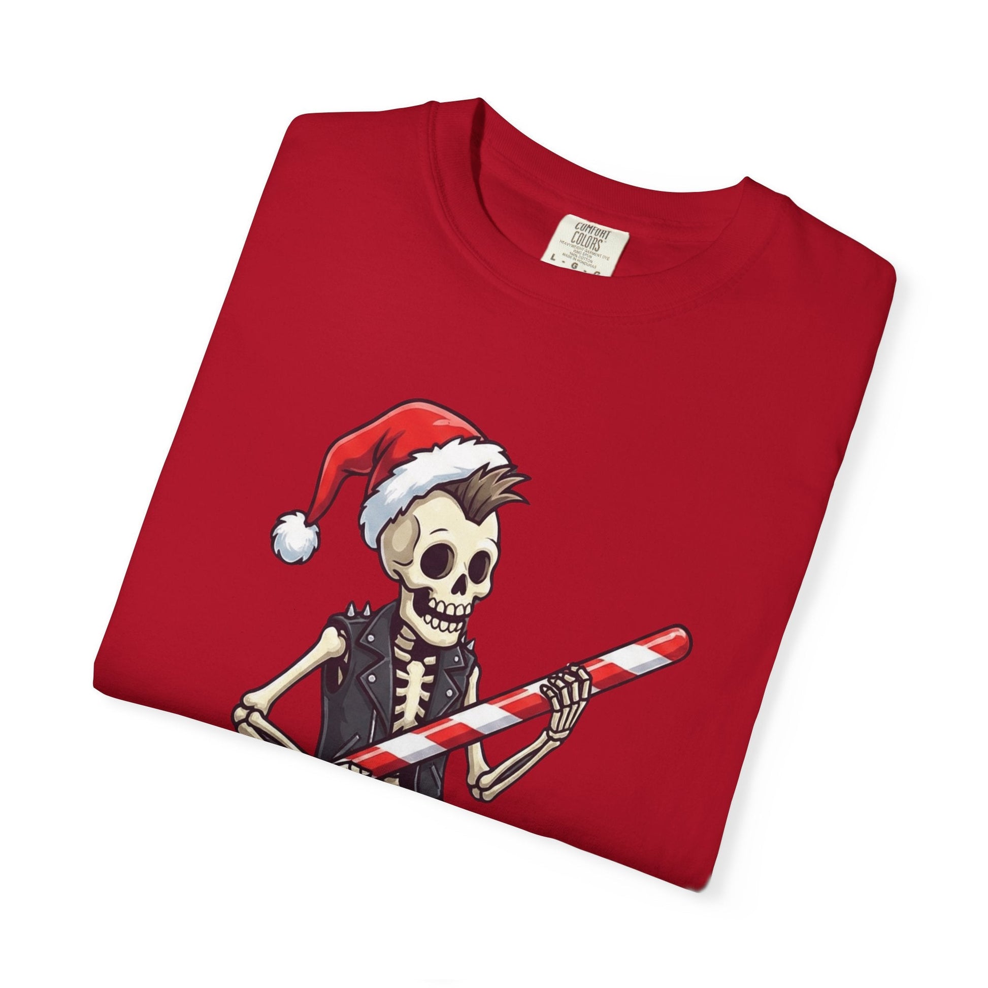 Punk Rock Santa Skeleton: Holiday Rebel Art, Edgy Christmas Character Design T-shirt – Custom T-Shirt by PixelCraft360, unique decoration for events and special gifts