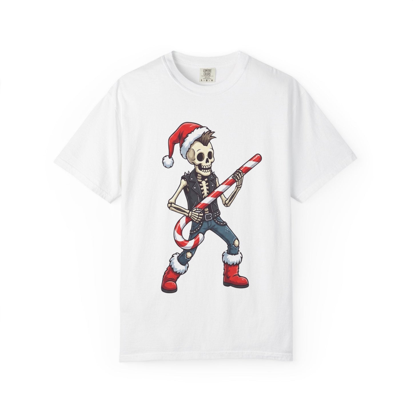 Punk Rock Santa Skeleton: Holiday Rebel Art, Edgy Christmas Character Design T-shirt – Custom T-Shirt by PixelCraft360, unique decoration for events and special gifts