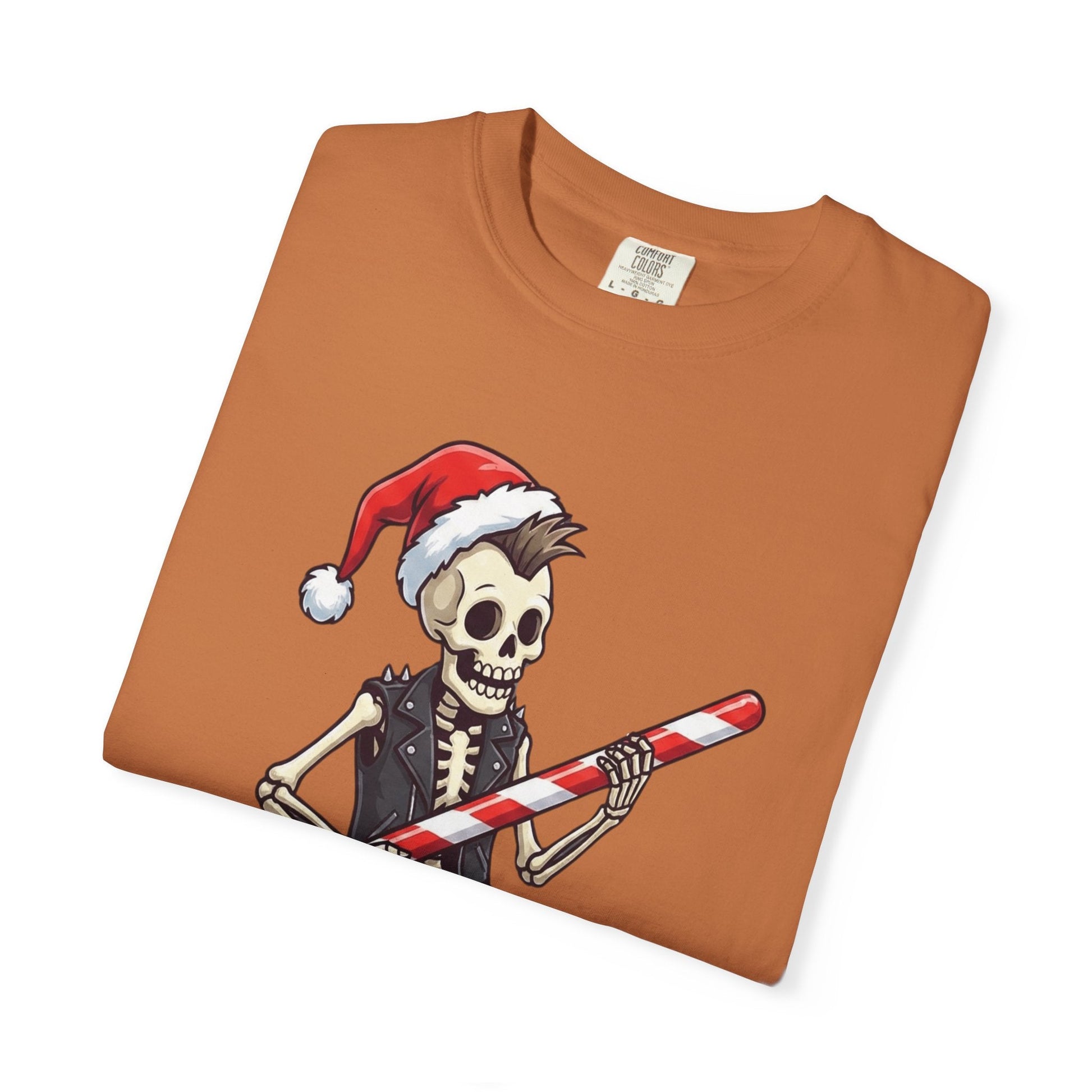 Punk Rock Santa Skeleton: Holiday Rebel Art, Edgy Christmas Character Design T-shirt – Custom T-Shirt by PixelCraft360, unique decoration for events and special gifts