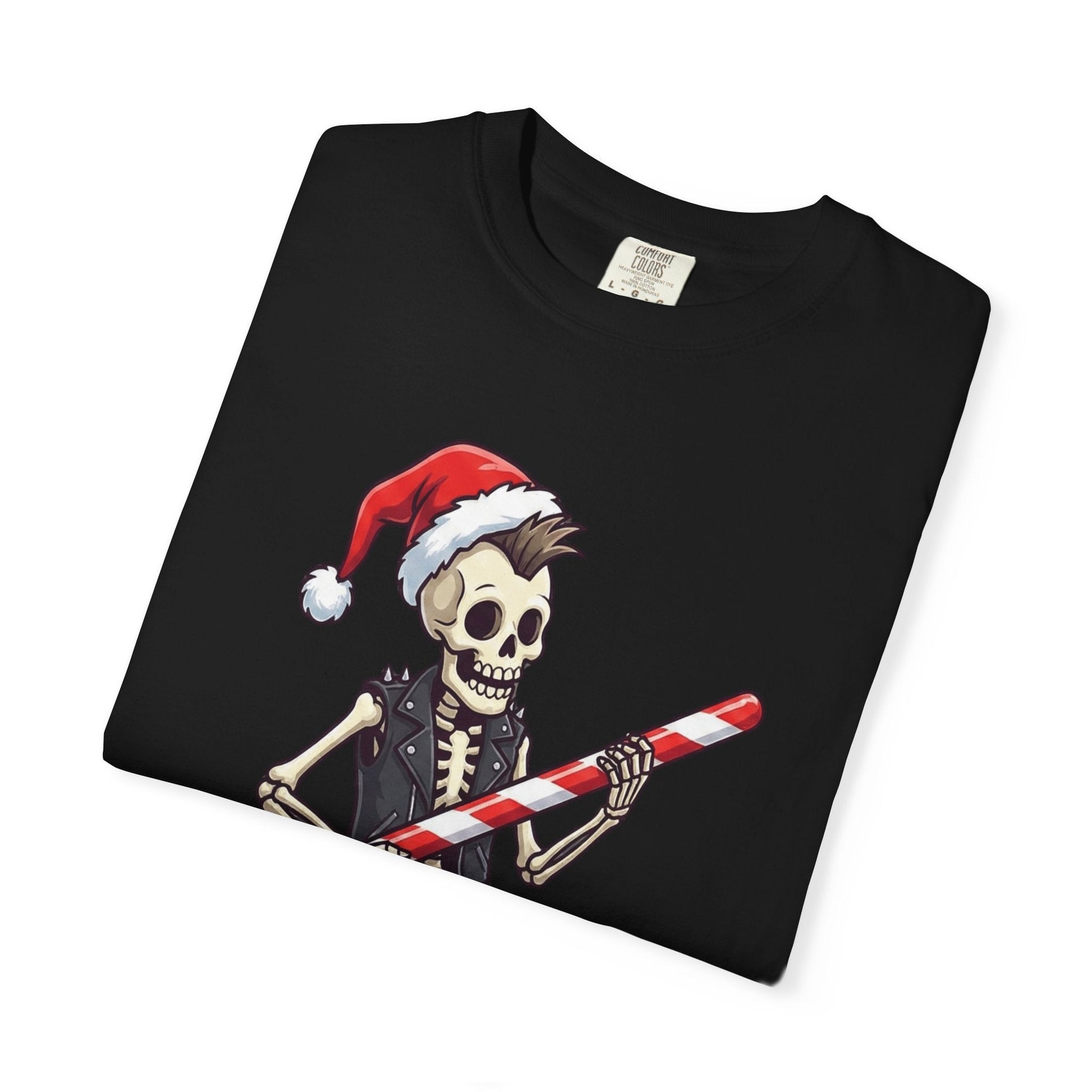 Punk Rock Santa Skeleton: Holiday Rebel Art, Edgy Christmas Character Design T-shirt – Custom T-Shirt by PixelCraft360, unique decoration for events and special gifts