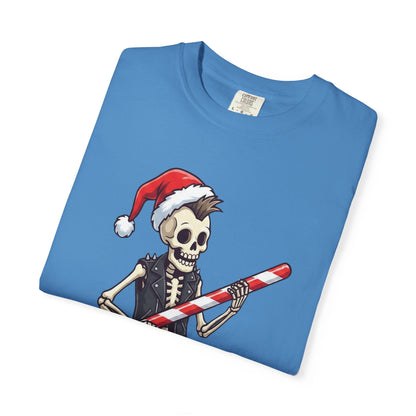 Punk Rock Santa Skeleton: Holiday Rebel Art, Edgy Christmas Character Design T-shirt – Custom T-Shirt by PixelCraft360, unique decoration for events and special gifts