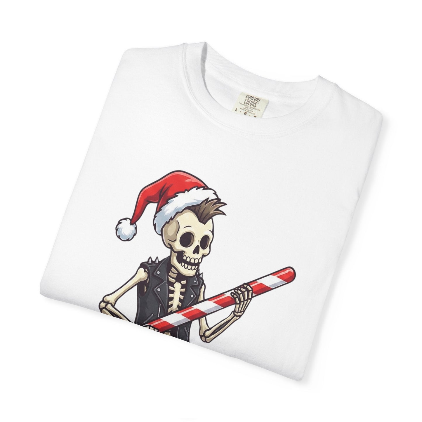 Punk Rock Santa Skeleton: Holiday Rebel Art, Edgy Christmas Character Design T-shirt – Custom T-Shirt by PixelCraft360, unique decoration for events and special gifts