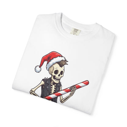 Punk Rock Santa Skeleton: Holiday Rebel Art, Edgy Christmas Character Design T-shirt – Custom T-Shirt by PixelCraft360, unique decoration for events and special gifts