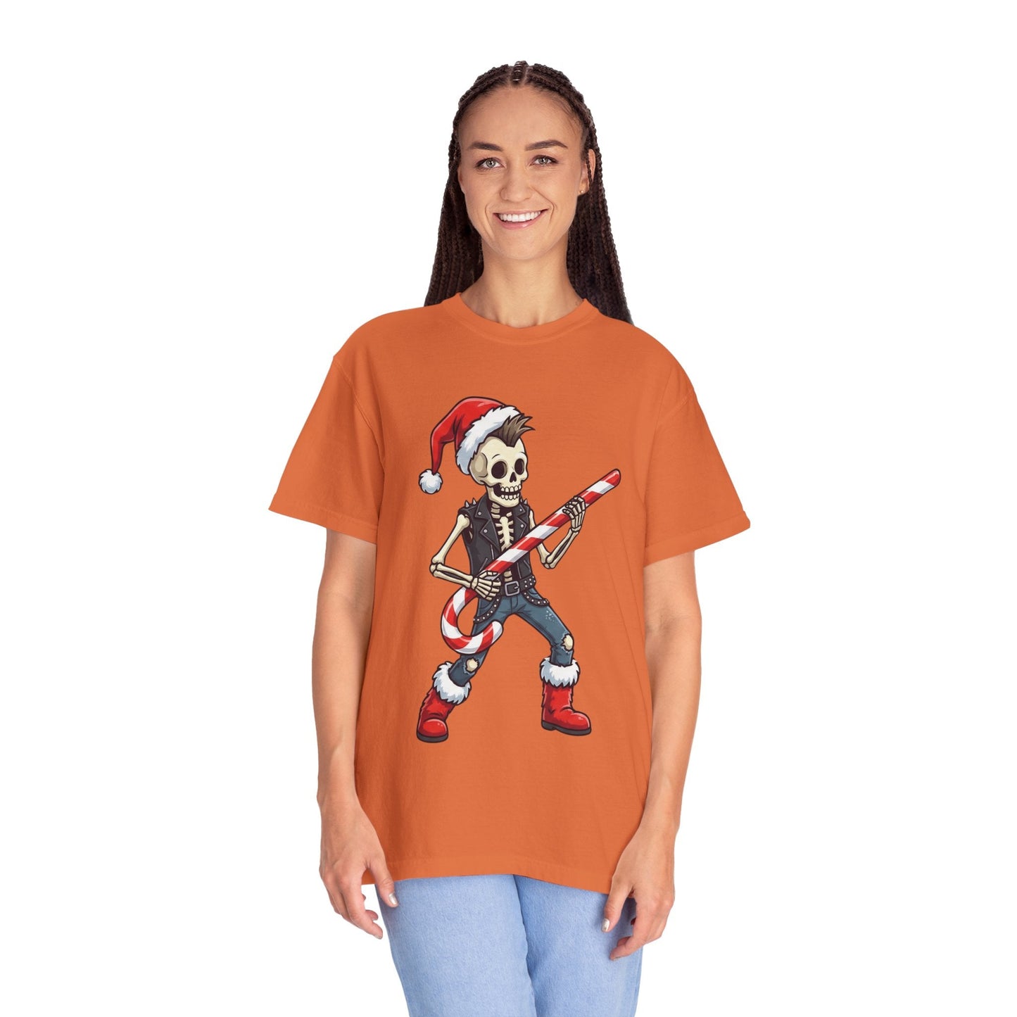 Punk Rock Santa Skeleton: Holiday Rebel Art, Edgy Christmas Character Design T-shirt – Custom T-Shirt by PixelCraft360, unique decoration for events and special gifts