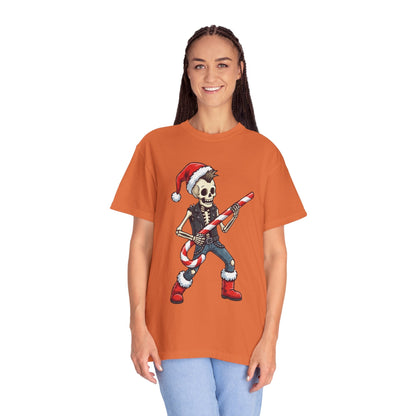 Punk Rock Santa Skeleton: Holiday Rebel Art, Edgy Christmas Character Design T-shirt – Custom T-Shirt by PixelCraft360, unique decoration for events and special gifts