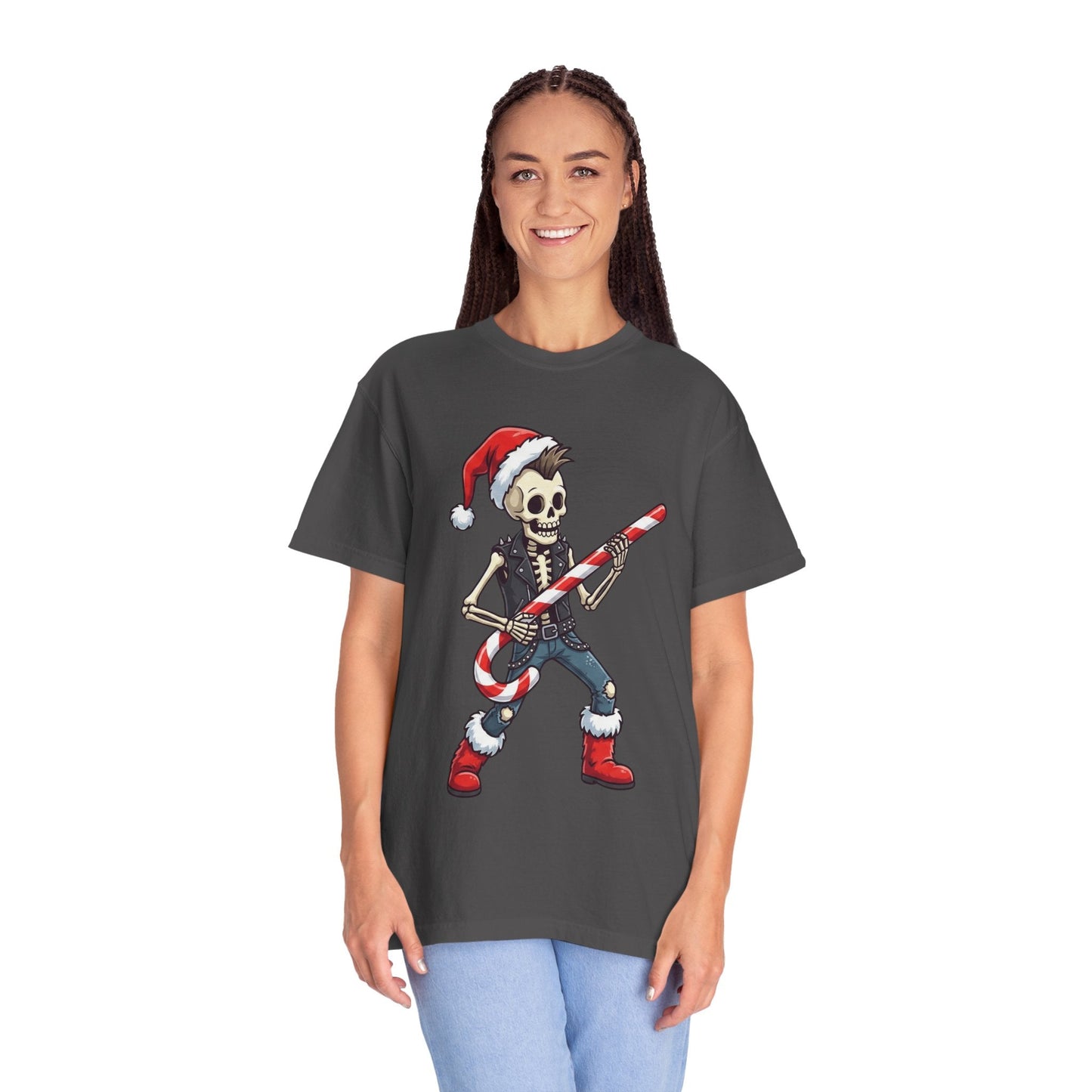 Punk Rock Santa Skeleton: Holiday Rebel Art, Edgy Christmas Character Design T-shirt – Custom T-Shirt by PixelCraft360, unique decoration for events and special gifts