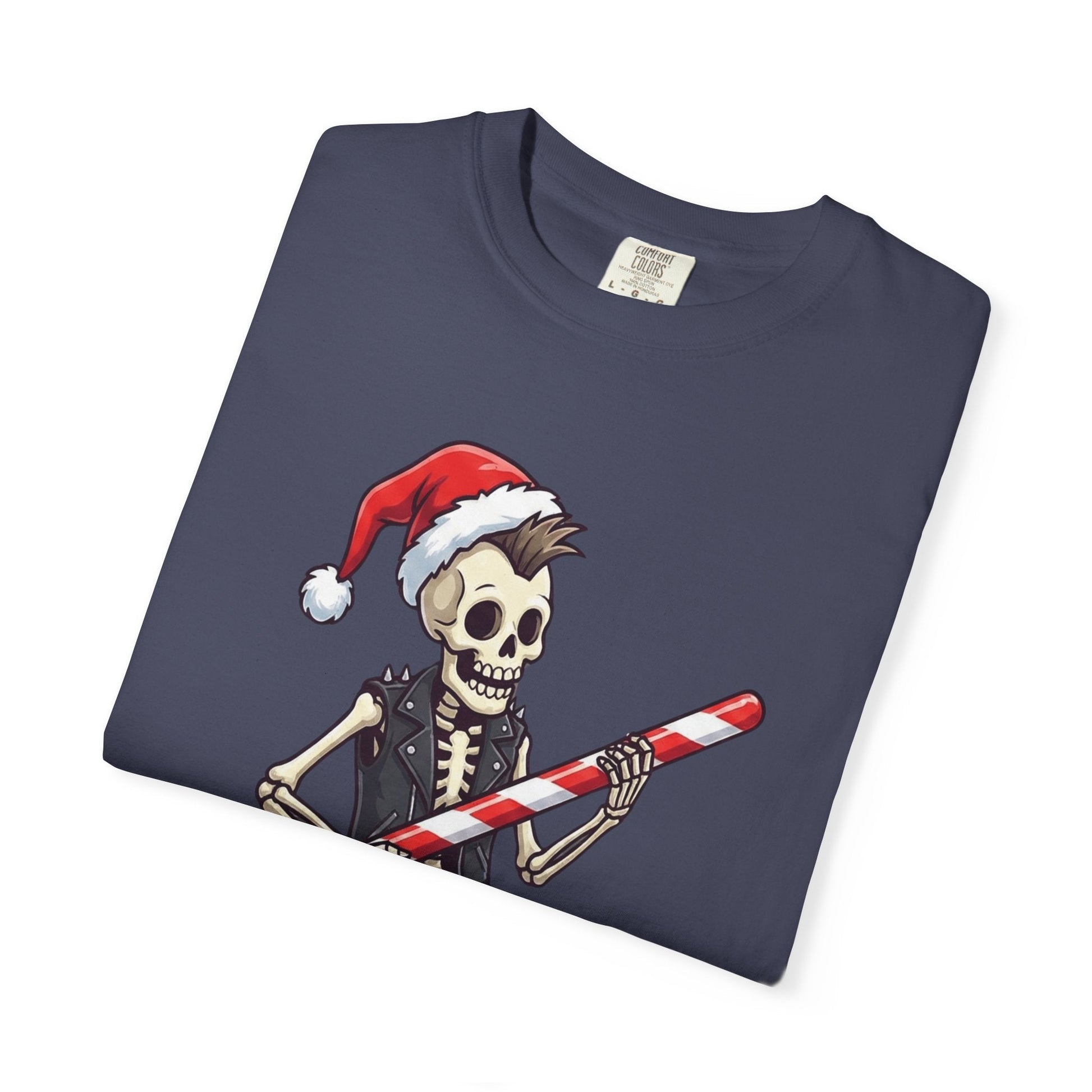 Punk Rock Santa Skeleton: Holiday Rebel Art, Edgy Christmas Character Design T-shirt – Custom T-Shirt by PixelCraft360, unique decoration for events and special gifts