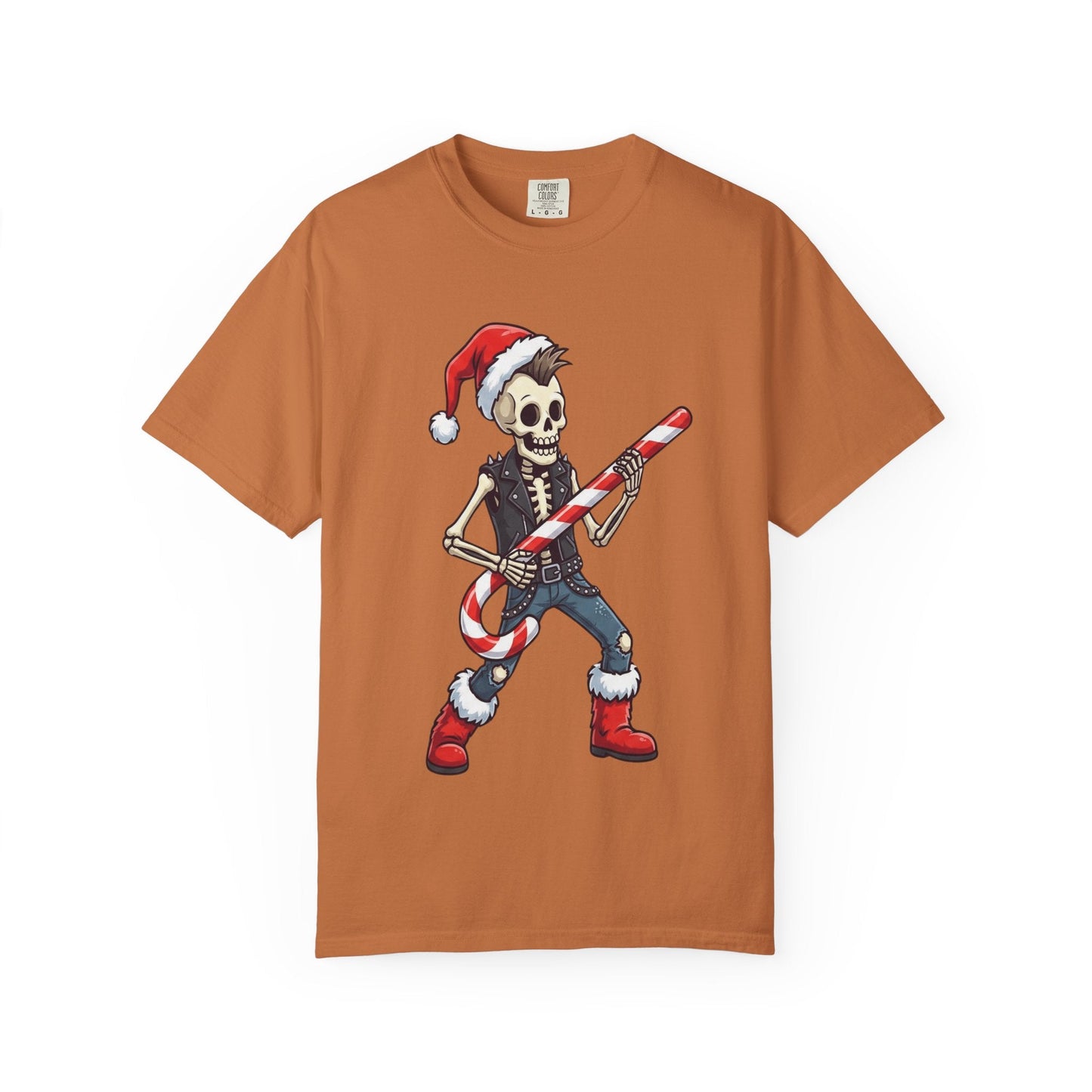 Punk Rock Santa Skeleton: Holiday Rebel Art, Edgy Christmas Character Design T-shirt – Custom T-Shirt by PixelCraft360, unique decoration for events and special gifts