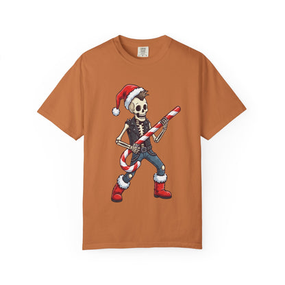 Punk Rock Santa Skeleton: Holiday Rebel Art, Edgy Christmas Character Design T-shirt – Custom T-Shirt by PixelCraft360, unique decoration for events and special gifts