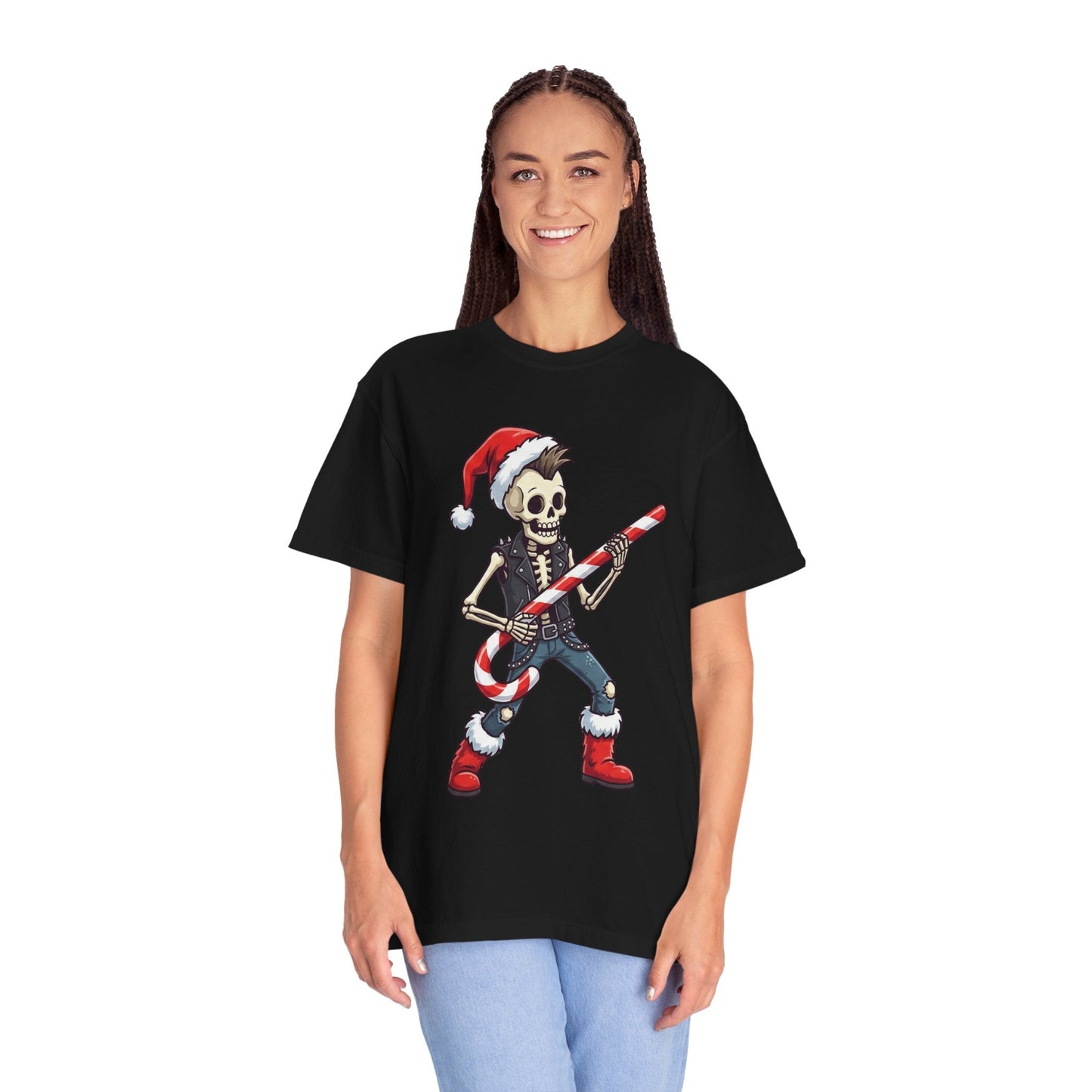 Punk Rock Santa Skeleton: Holiday Rebel Art, Edgy Christmas Character Design T-shirt – Custom T-Shirt by PixelCraft360, unique decoration for events and special gifts