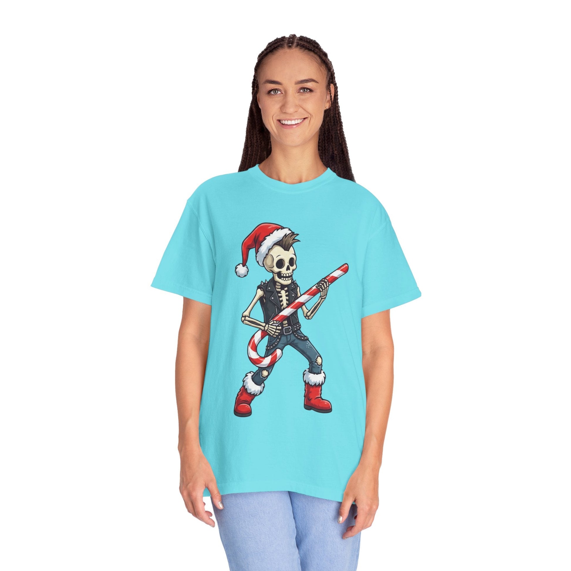 Punk Rock Santa Skeleton: Holiday Rebel Art, Edgy Christmas Character Design T-shirt – Custom T-Shirt by PixelCraft360, unique decoration for events and special gifts