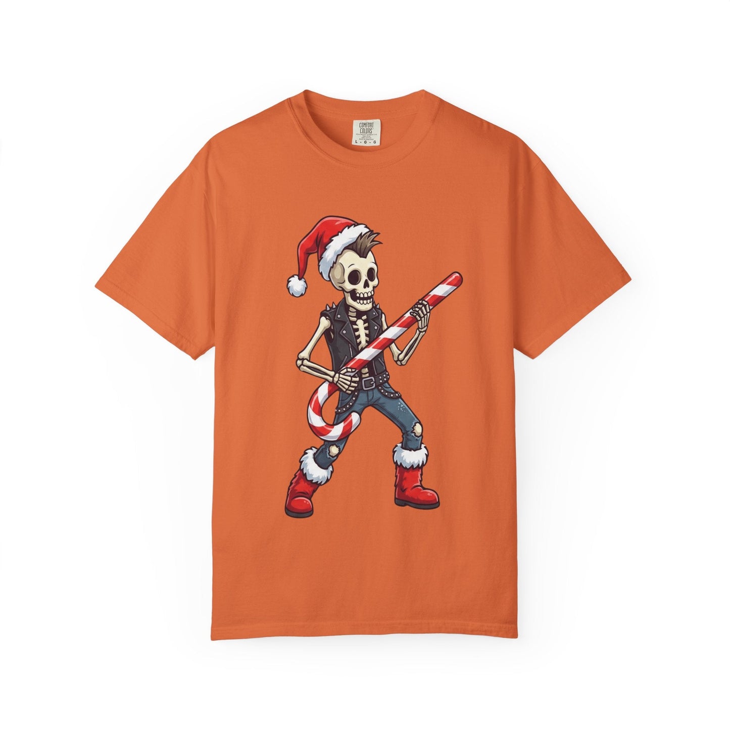 Punk Rock Santa Skeleton: Holiday Rebel Art, Edgy Christmas Character Design T-shirt – Custom T-Shirt by PixelCraft360, unique decoration for events and special gifts