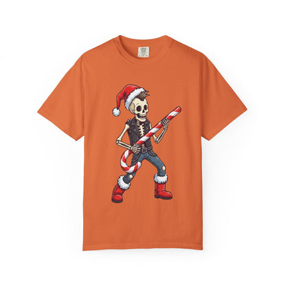 Punk Rock Santa Skeleton: Holiday Rebel Art, Edgy Christmas Character Design T-shirt – Custom T-Shirt by PixelCraft360, unique decoration for events and special gifts