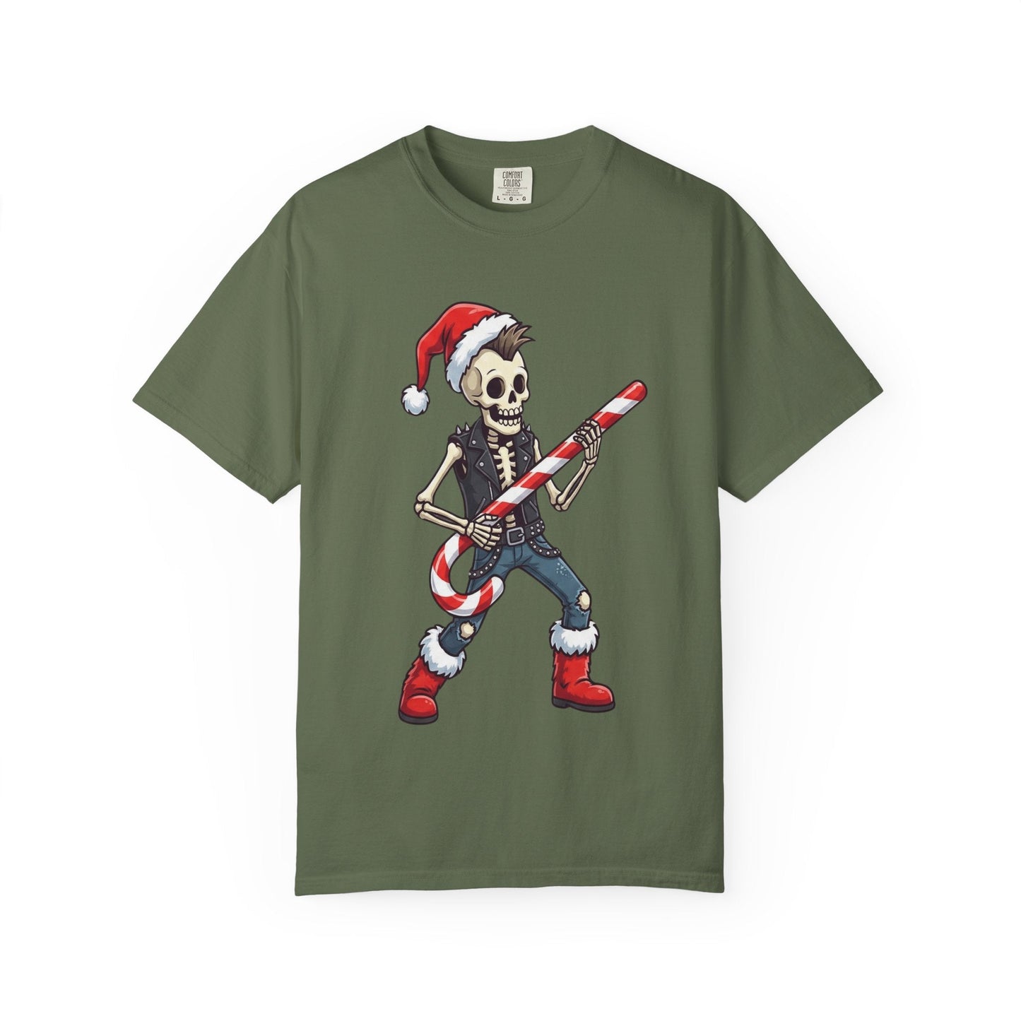 Punk Rock Santa Skeleton: Holiday Rebel Art, Edgy Christmas Character Design T-shirt – Custom T-Shirt by PixelCraft360, unique decoration for events and special gifts