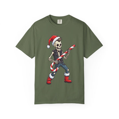 Punk Rock Santa Skeleton: Holiday Rebel Art, Edgy Christmas Character Design T-shirt – Custom T-Shirt by PixelCraft360, unique decoration for events and special gifts