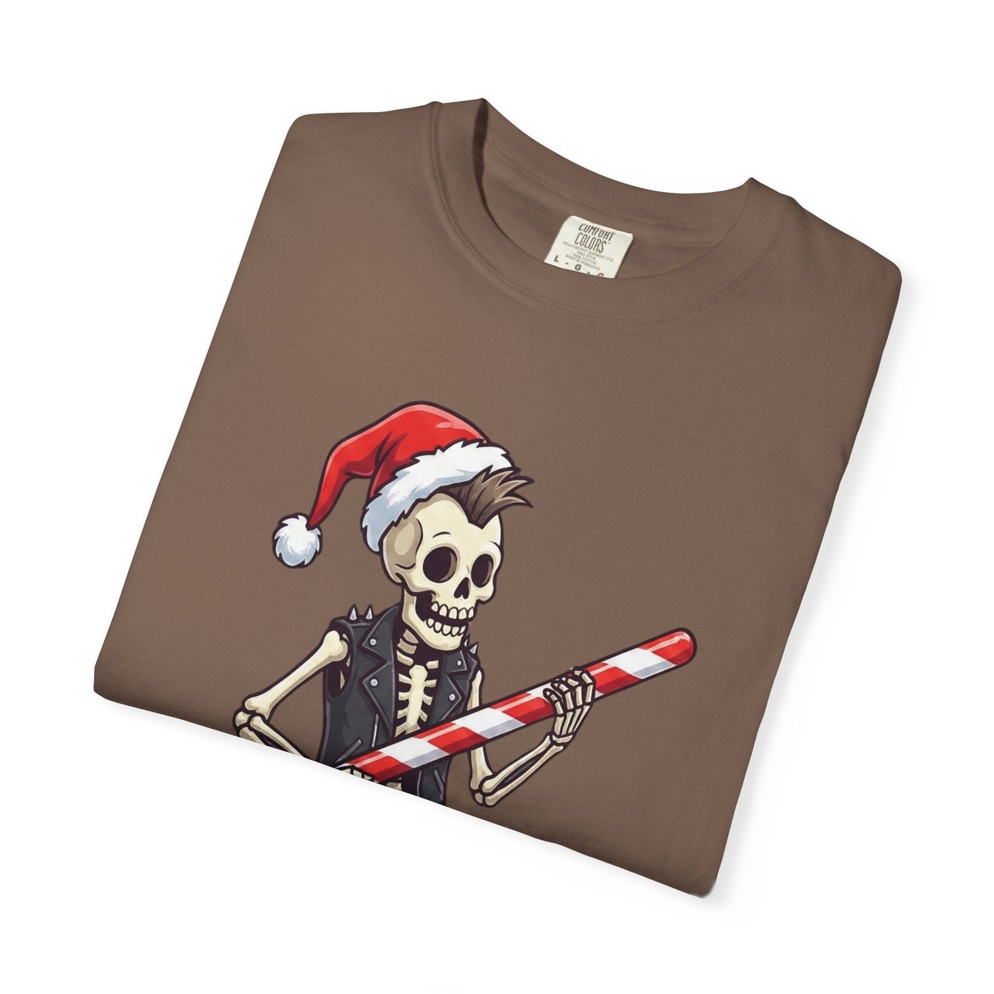 Punk Rock Santa Skeleton: Holiday Rebel Art, Edgy Christmas Character Design T-shirt – Custom T-Shirt by PixelCraft360, unique decoration for events and special gifts