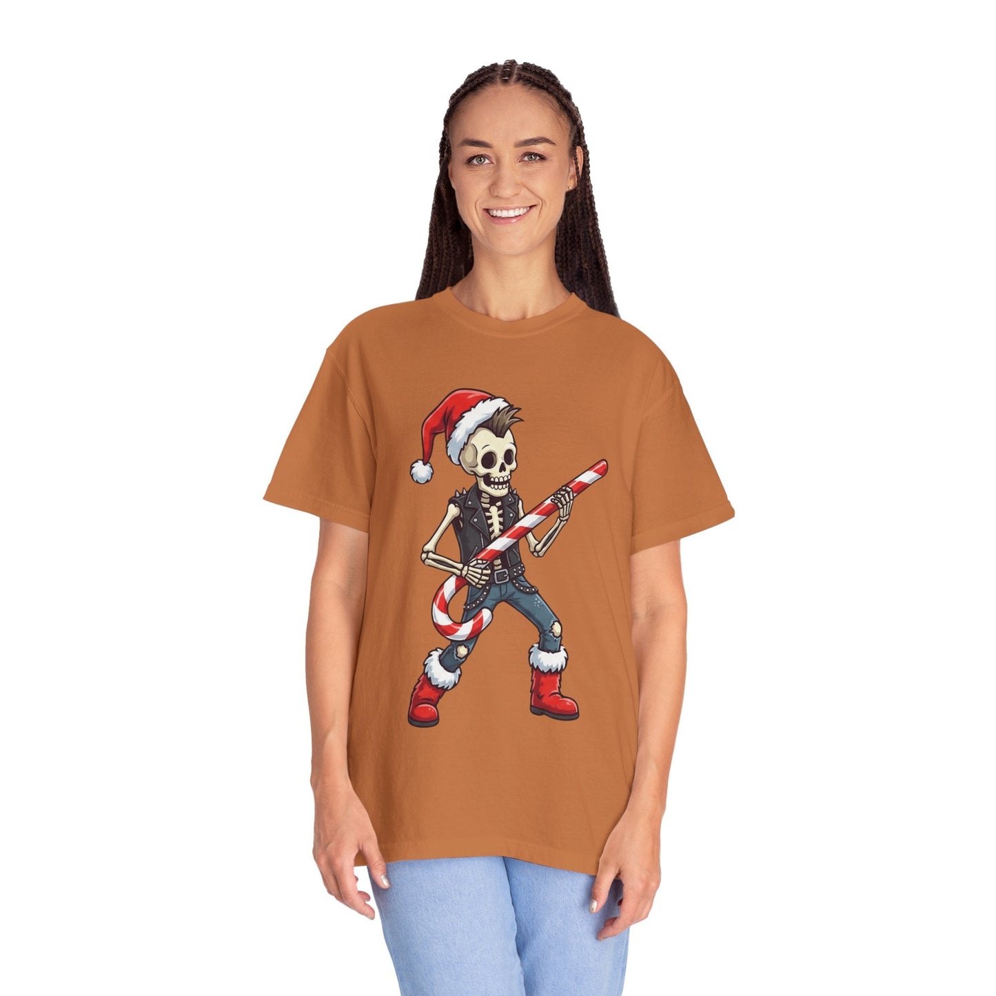 Punk Rock Santa Skeleton: Holiday Rebel Art, Edgy Christmas Character Design T-shirt – Custom T-Shirt by PixelCraft360, unique decoration for events and special gifts