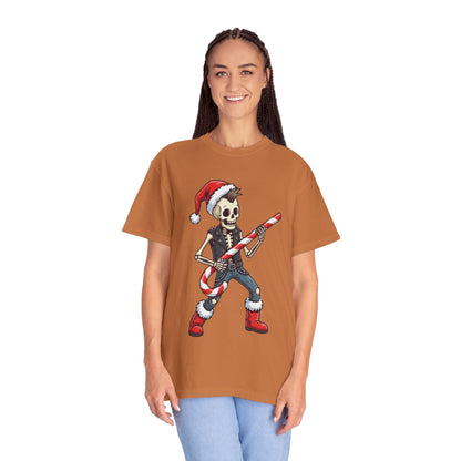 Punk Rock Santa Skeleton: Holiday Rebel Art, Edgy Christmas Character Design T-shirt – Custom T-Shirt by PixelCraft360, unique decoration for events and special gifts