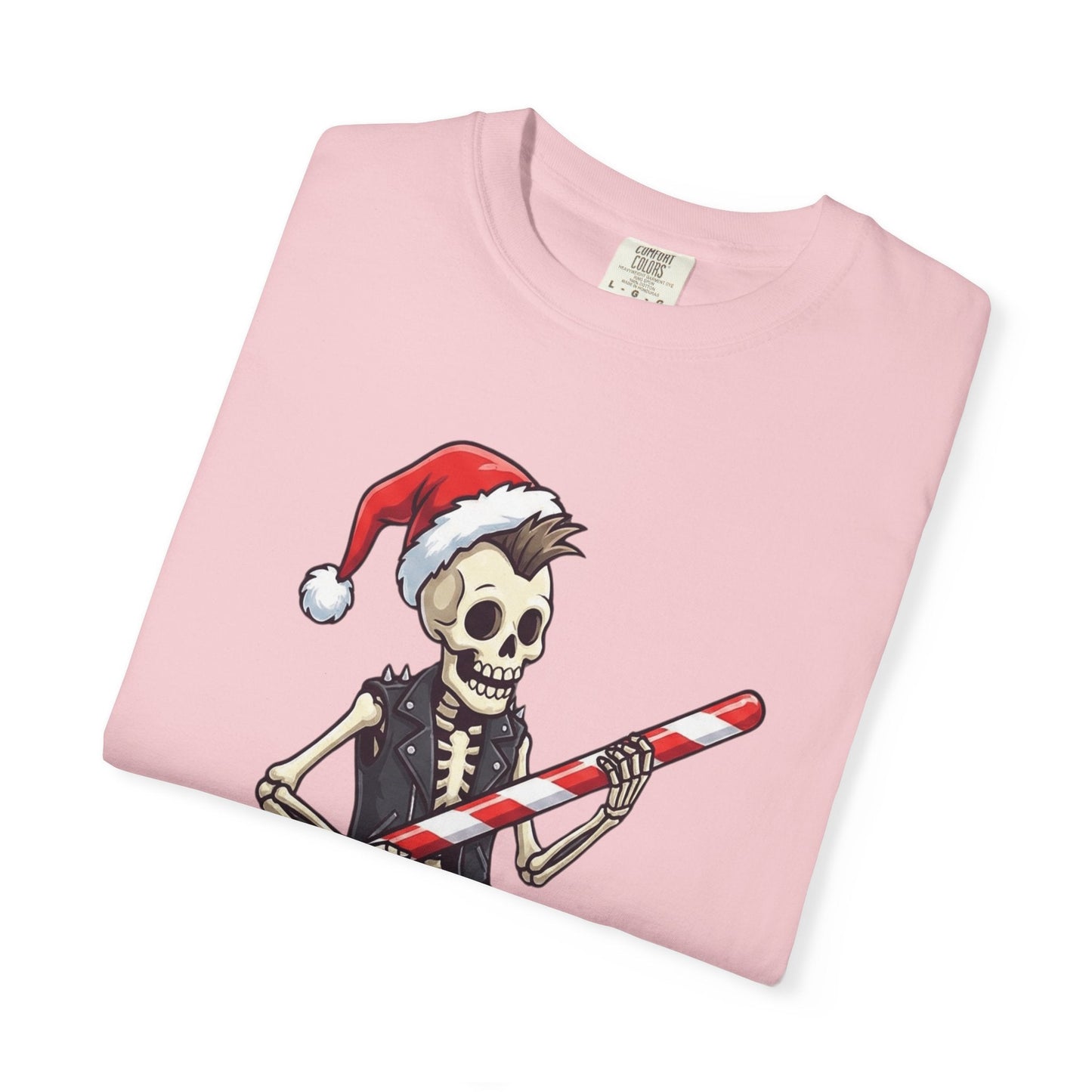 Punk Rock Santa Skeleton: Holiday Rebel Art, Edgy Christmas Character Design T-shirt – Custom T-Shirt by PixelCraft360, unique decoration for events and special gifts