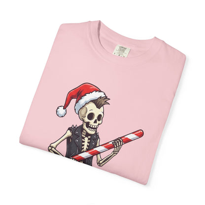 Punk Rock Santa Skeleton: Holiday Rebel Art, Edgy Christmas Character Design T-shirt – Custom T-Shirt by PixelCraft360, unique decoration for events and special gifts