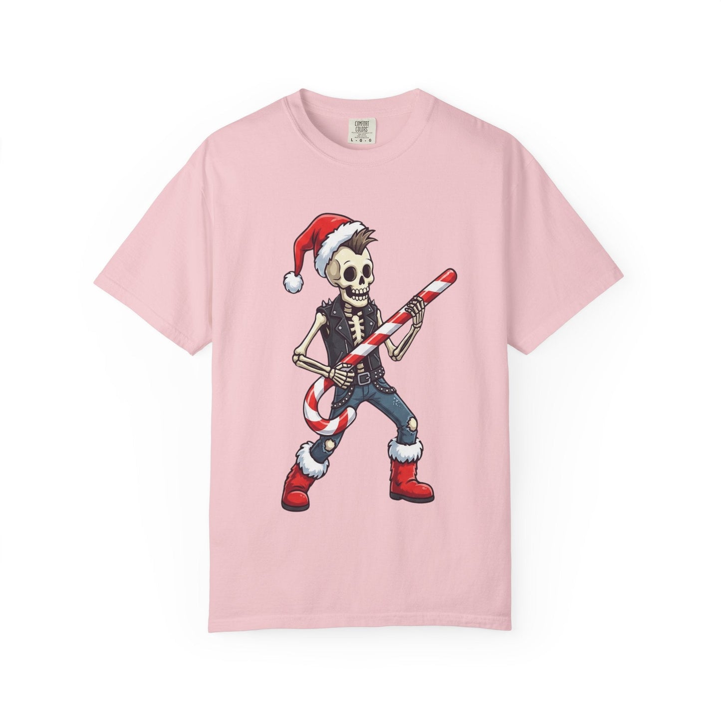 Punk Rock Santa Skeleton: Holiday Rebel Art, Edgy Christmas Character Design T-shirt – Custom T-Shirt by PixelCraft360, unique decoration for events and special gifts
