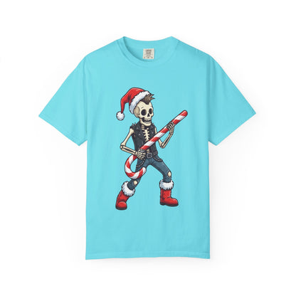 Punk Rock Santa Skeleton: Holiday Rebel Art, Edgy Christmas Character Design T-shirt – Custom T-Shirt by PixelCraft360, unique decoration for events and special gifts
