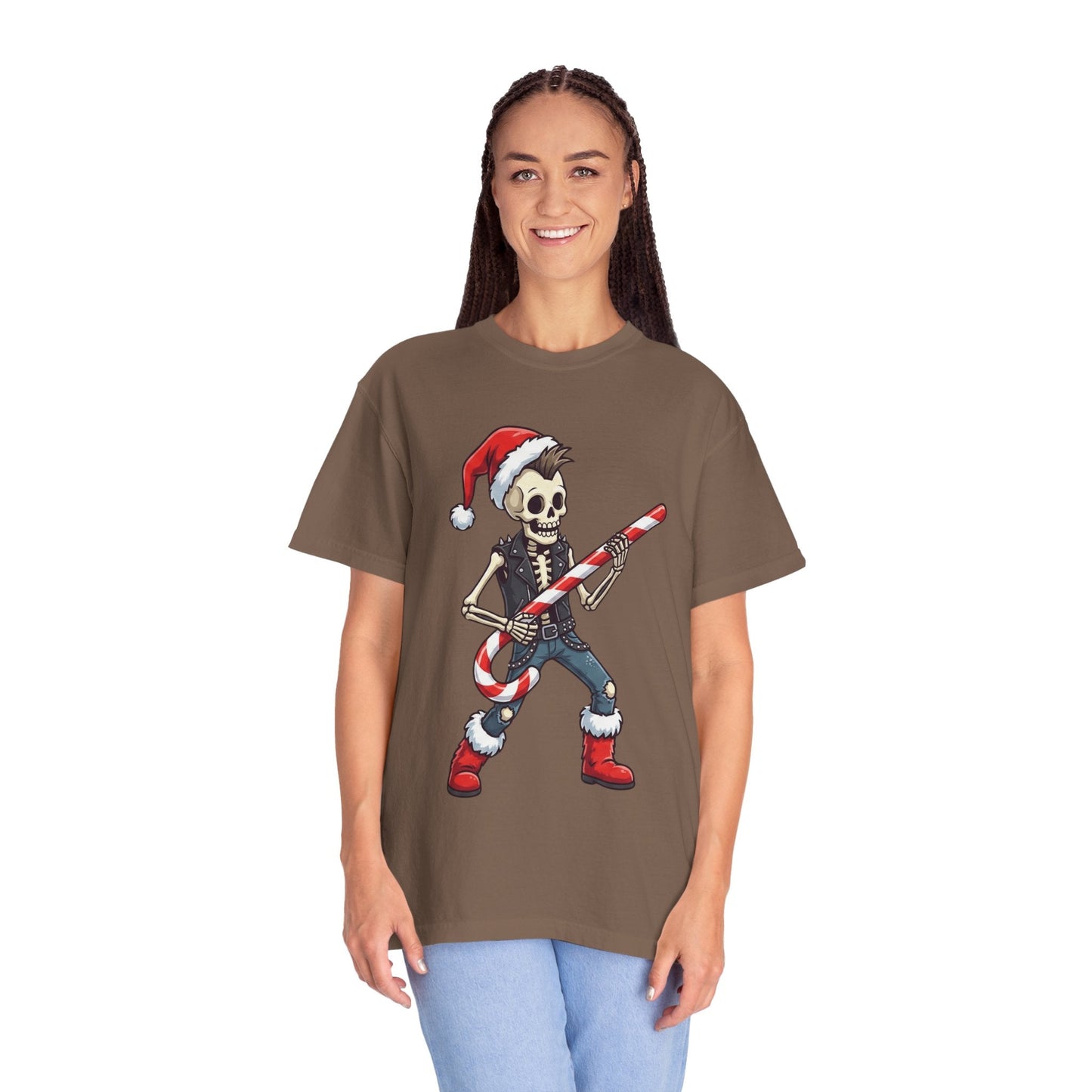 Punk Rock Santa Skeleton: Holiday Rebel Art, Edgy Christmas Character Design T-shirt – Custom T-Shirt by PixelCraft360, unique decoration for events and special gifts