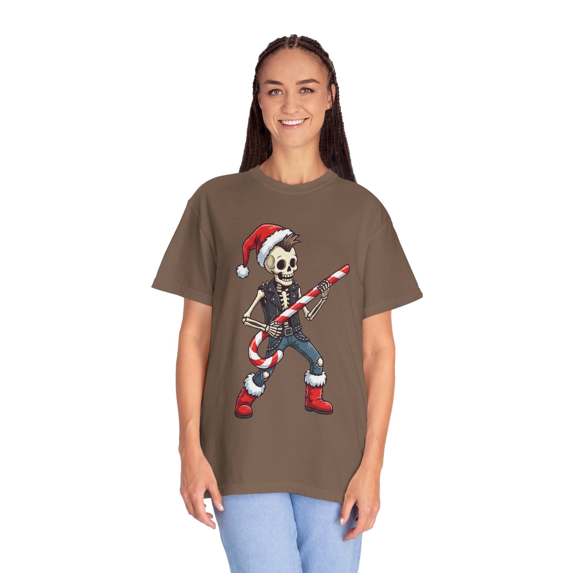 Punk Rock Santa Skeleton: Holiday Rebel Art, Edgy Christmas Character Design T-shirt – Custom T-Shirt by PixelCraft360, unique decoration for events and special gifts