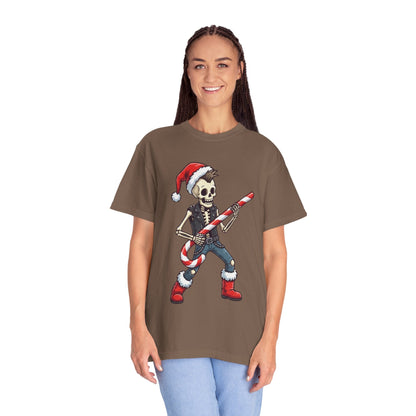 Punk Rock Santa Skeleton: Holiday Rebel Art, Edgy Christmas Character Design T-shirt – Custom T-Shirt by PixelCraft360, unique decoration for events and special gifts