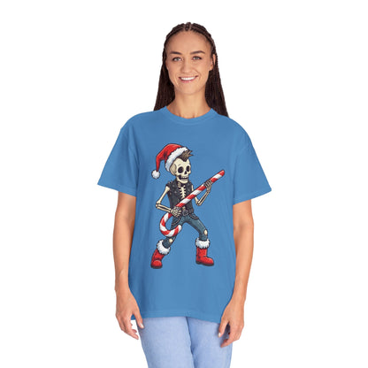 Punk Rock Santa Skeleton: Holiday Rebel Art, Edgy Christmas Character Design T-shirt – Custom T-Shirt by PixelCraft360, unique decoration for events and special gifts