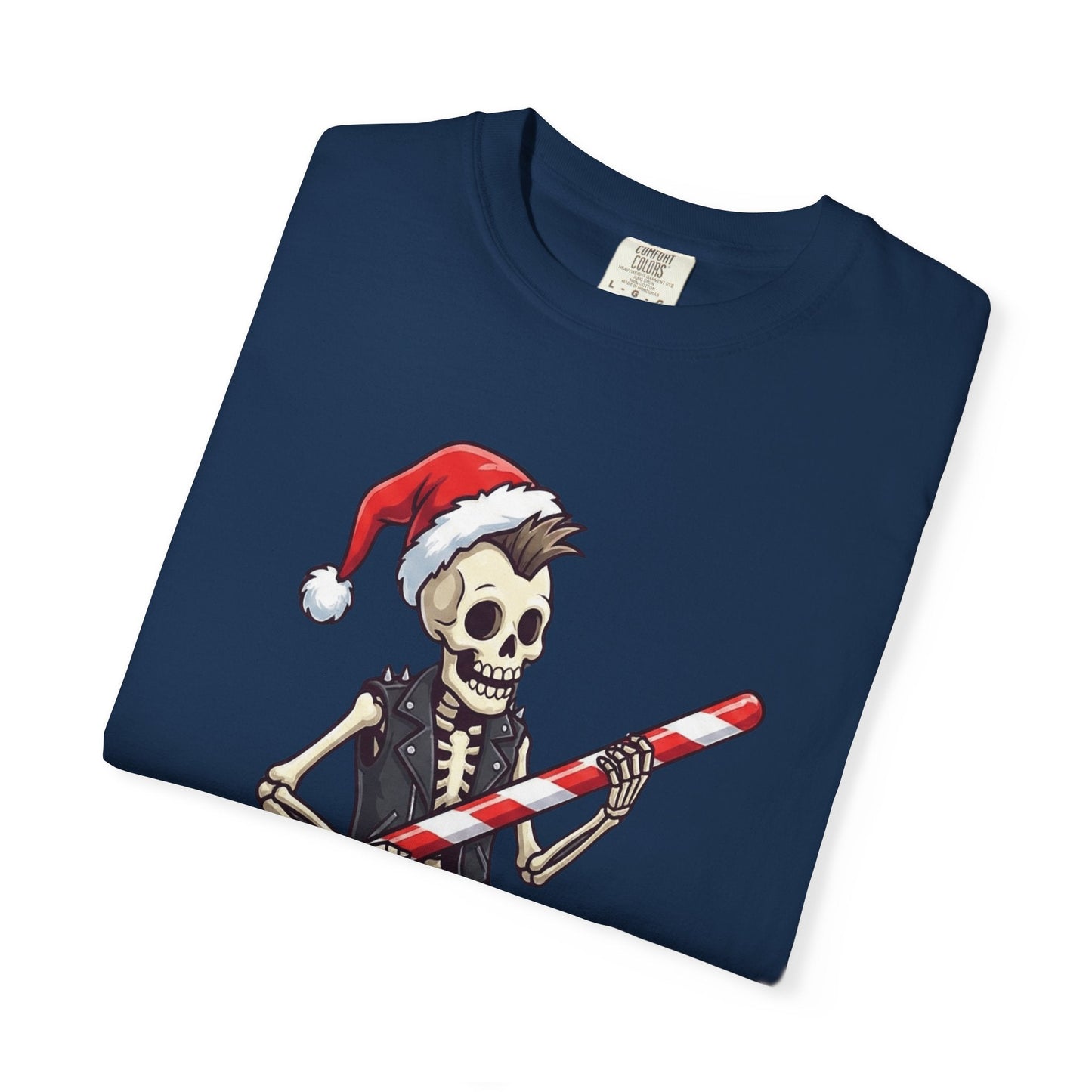 Punk Rock Santa Skeleton: Holiday Rebel Art, Edgy Christmas Character Design T-shirt – Custom T-Shirt by PixelCraft360, unique decoration for events and special gifts