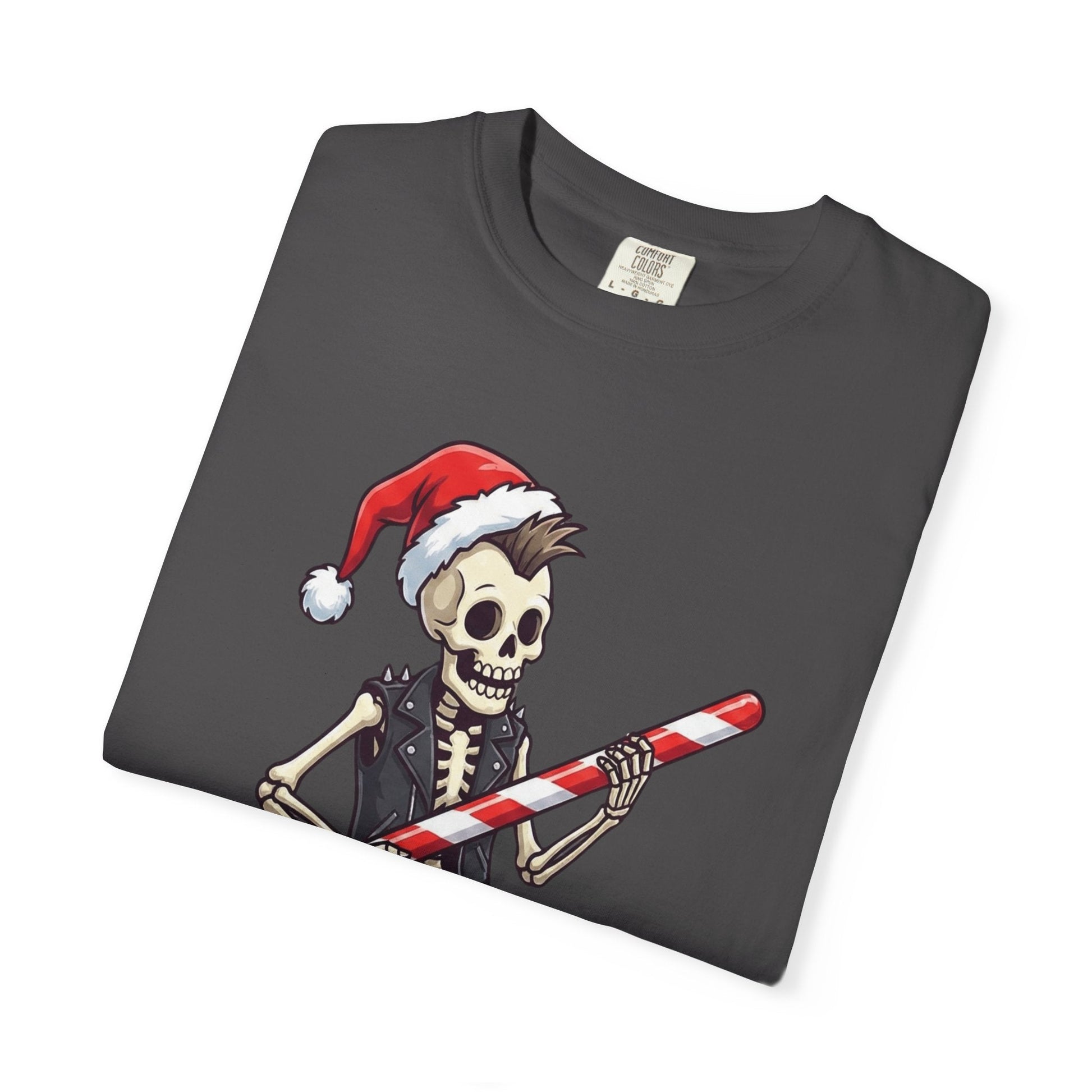 Punk Rock Santa Skeleton: Holiday Rebel Art, Edgy Christmas Character Design T-shirt – Custom T-Shirt by PixelCraft360, unique decoration for events and special gifts