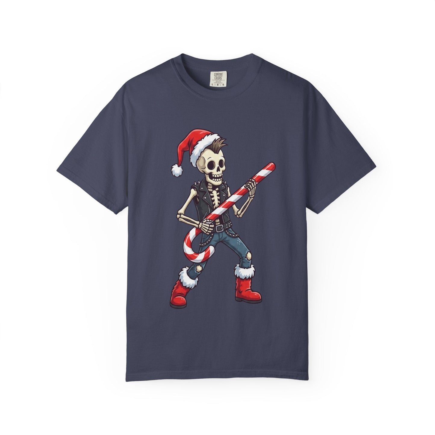 Punk Rock Santa Skeleton: Holiday Rebel Art, Edgy Christmas Character Design T-shirt – Custom T-Shirt by PixelCraft360, unique decoration for events and special gifts