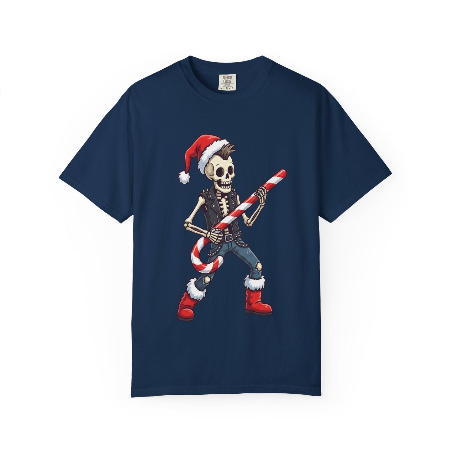 Punk Rock Santa Skeleton: Holiday Rebel Art, Edgy Christmas Character Design T-shirt – Custom T-Shirt by PixelCraft360, unique decoration for events and special gifts