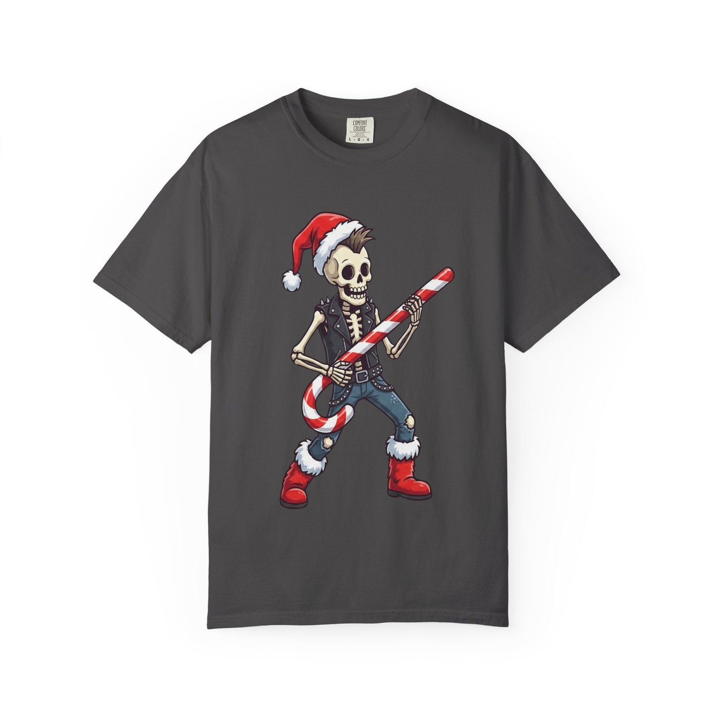 Punk Rock Santa Skeleton: Holiday Rebel Art, Edgy Christmas Character Design T-shirt – Custom T-Shirt by PixelCraft360, unique decoration for events and special gifts