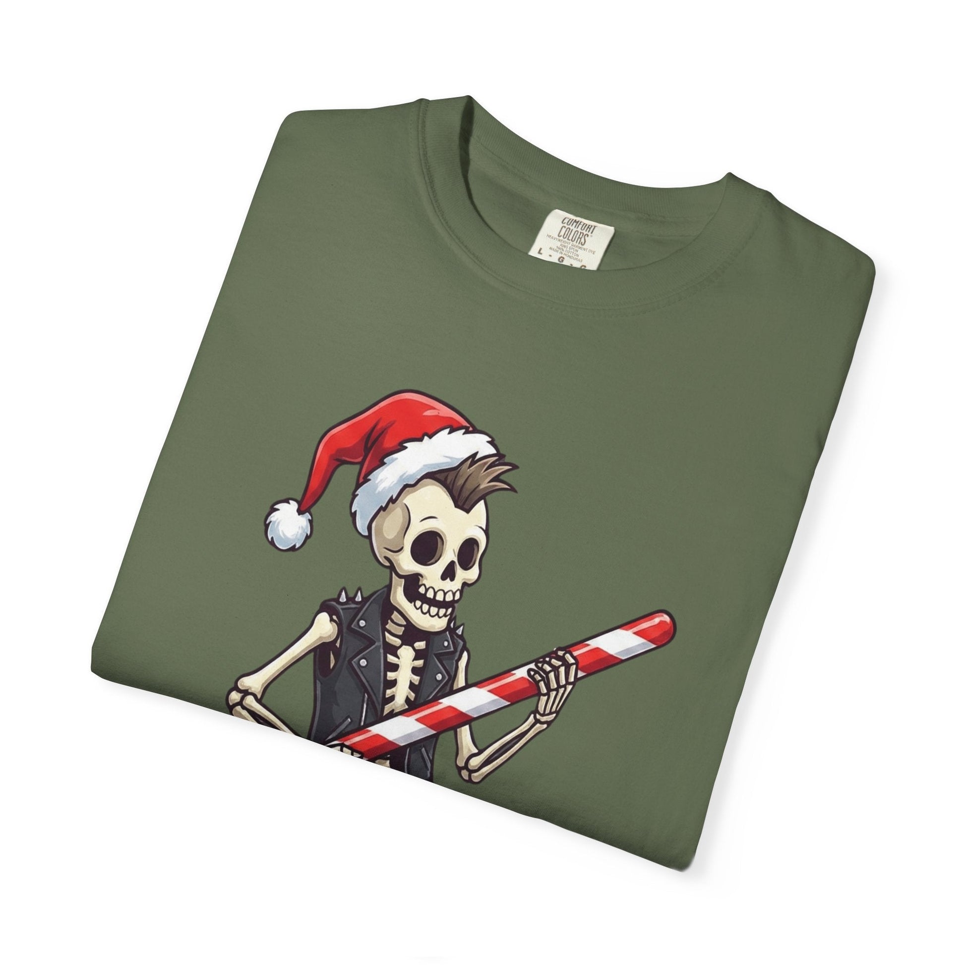 Punk Rock Santa Skeleton: Holiday Rebel Art, Edgy Christmas Character Design T-shirt – Custom T-Shirt by PixelCraft360, unique decoration for events and special gifts