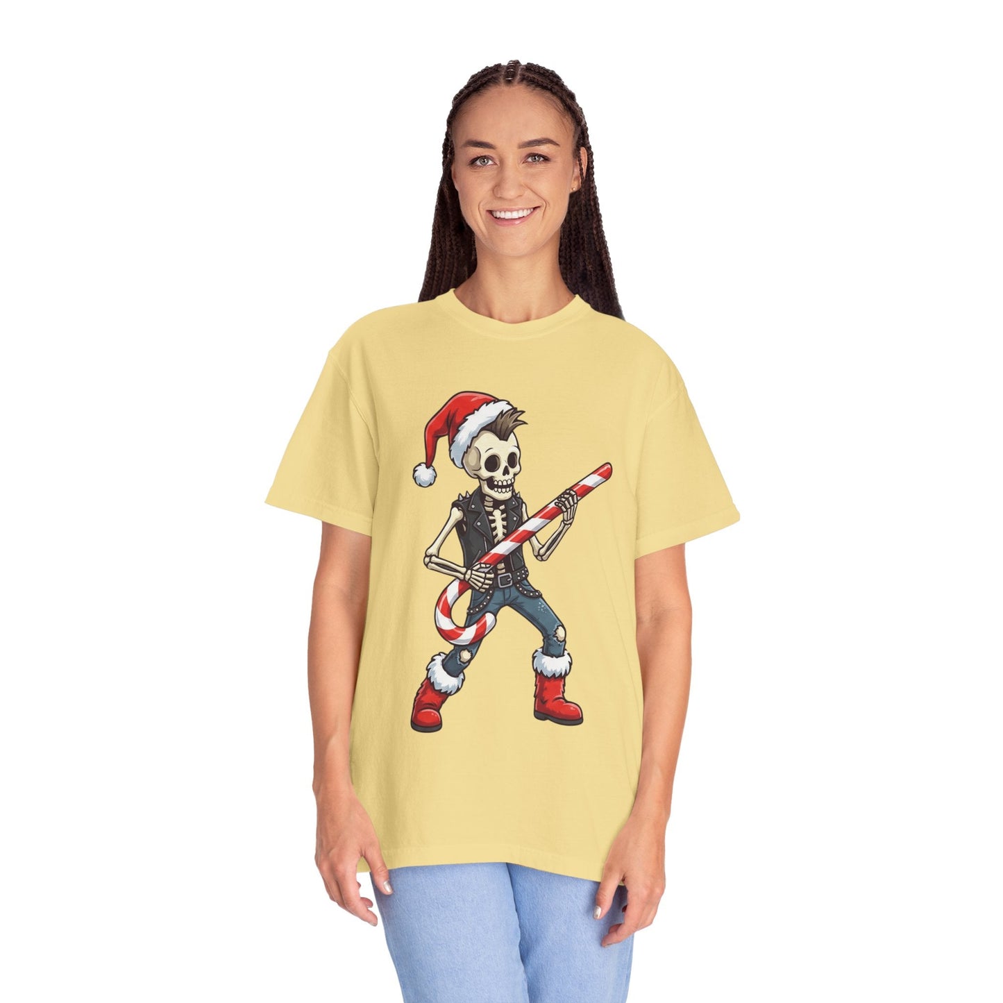 Punk Rock Santa Skeleton: Holiday Rebel Art, Edgy Christmas Character Design T-shirt – Custom T-Shirt by PixelCraft360, unique decoration for events and special gifts
