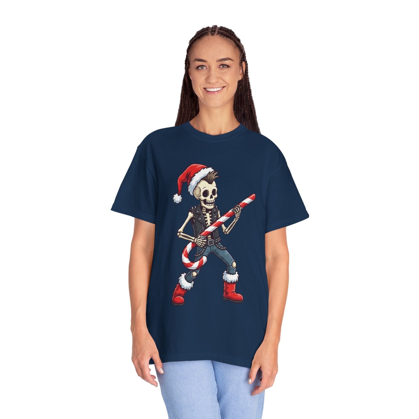 Punk Rock Santa Skeleton: Holiday Rebel Art, Edgy Christmas Character Design T-shirt – Custom T-Shirt by PixelCraft360, unique decoration for events and special gifts
