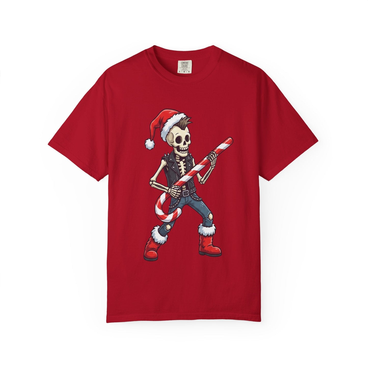 Punk Rock Santa Skeleton: Holiday Rebel Art, Edgy Christmas Character Design T-shirt – Custom T-Shirt by PixelCraft360, unique decoration for events and special gifts