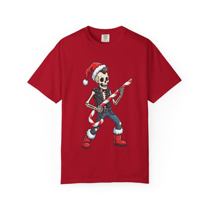 Punk Rock Santa Skeleton: Holiday Rebel Art, Edgy Christmas Character Design T-shirt – Custom T-Shirt by PixelCraft360, unique decoration for events and special gifts