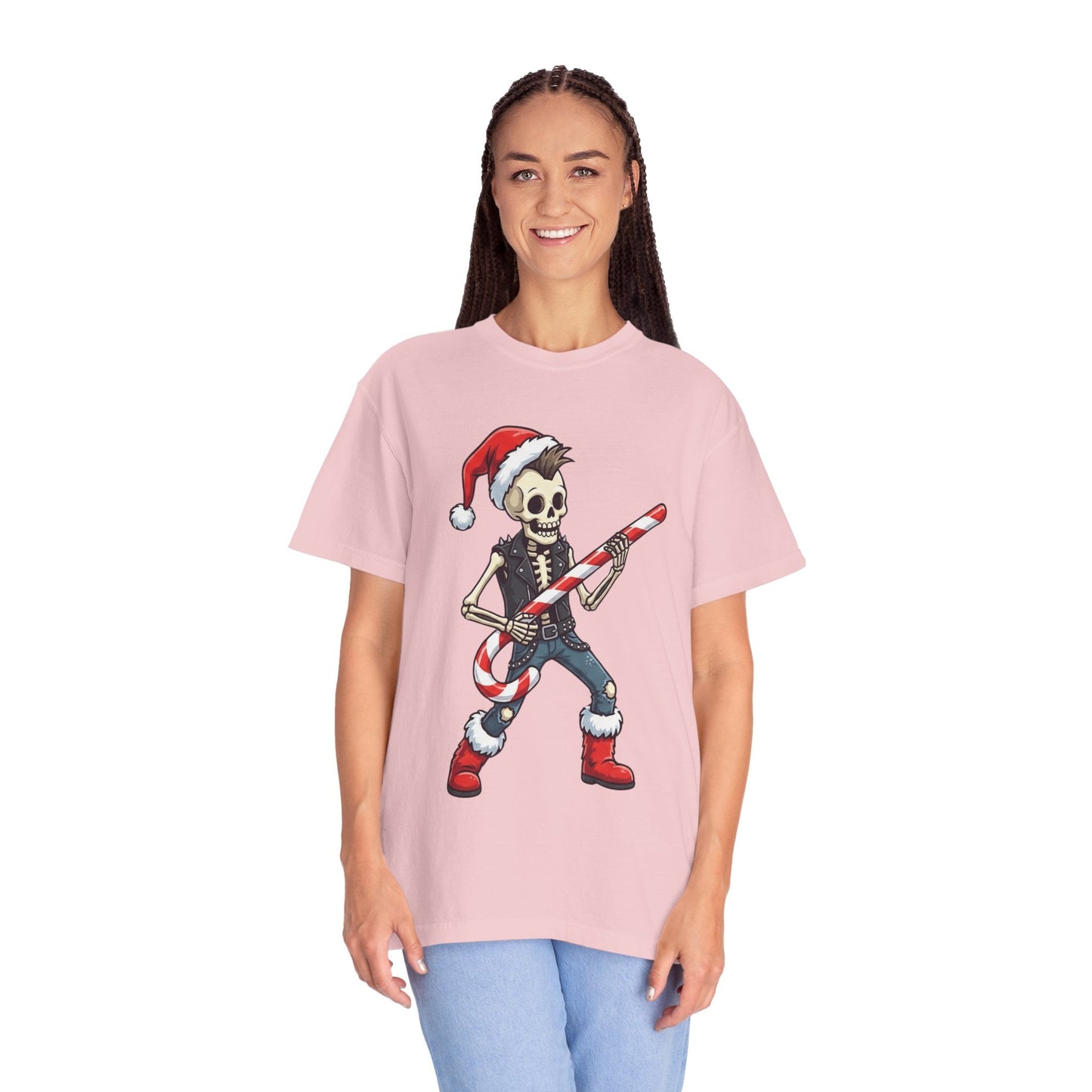 Punk Rock Santa Skeleton: Holiday Rebel Art, Edgy Christmas Character Design T-shirt – Custom T-Shirt by PixelCraft360, unique decoration for events and special gifts
