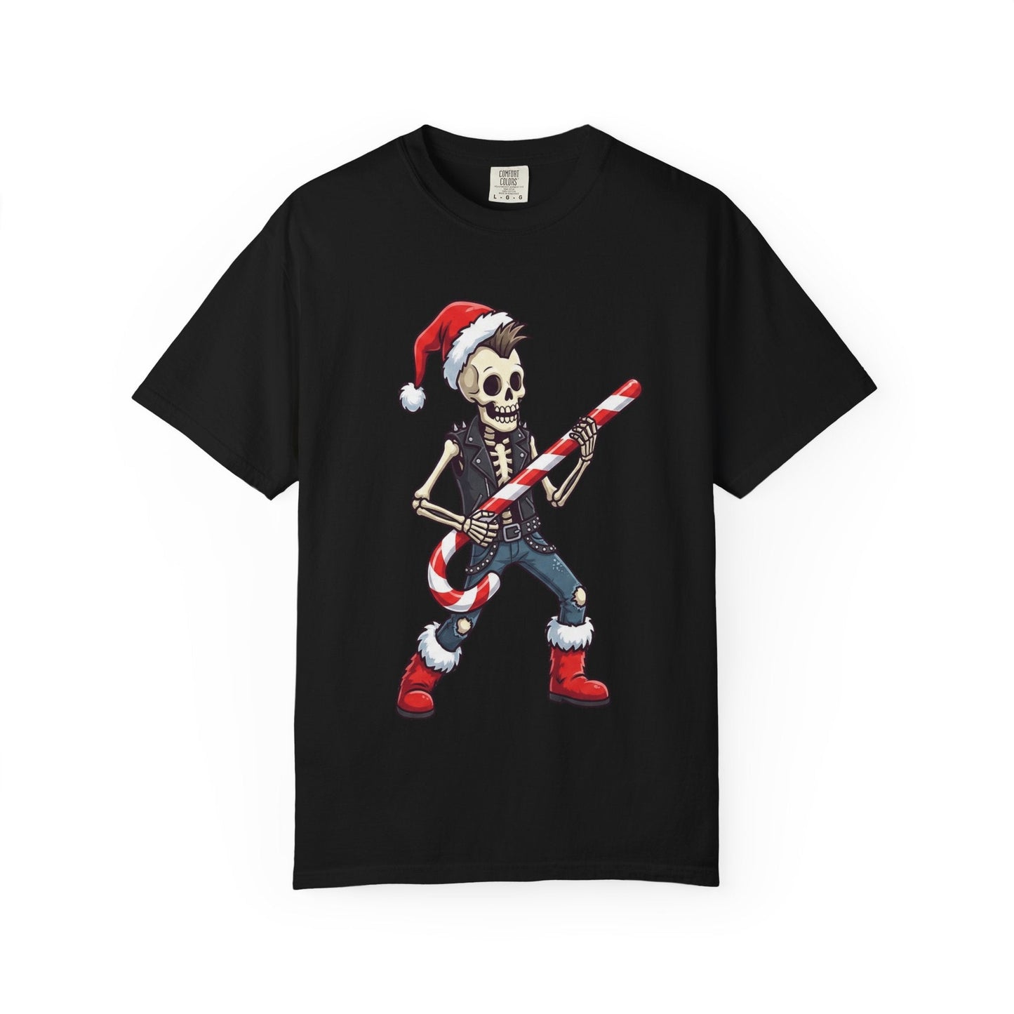 Punk Rock Santa Skeleton: Holiday Rebel Art, Edgy Christmas Character Design T-shirt – Custom T-Shirt by PixelCraft360, unique decoration for events and special gifts