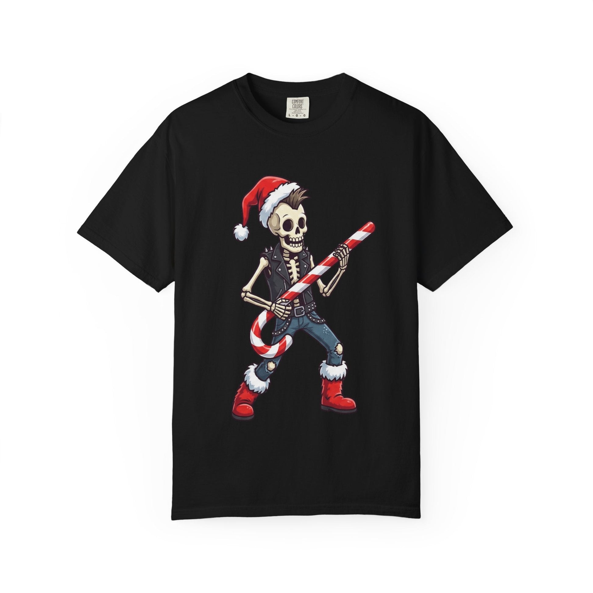 Punk Rock Santa Skeleton: Holiday Rebel Art, Edgy Christmas Character Design T-shirt – Custom T-Shirt by PixelCraft360, unique decoration for events and special gifts