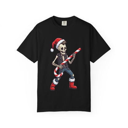 Punk Rock Santa Skeleton: Holiday Rebel Art, Edgy Christmas Character Design T-shirt – Custom T-Shirt by PixelCraft360, unique decoration for events and special gifts